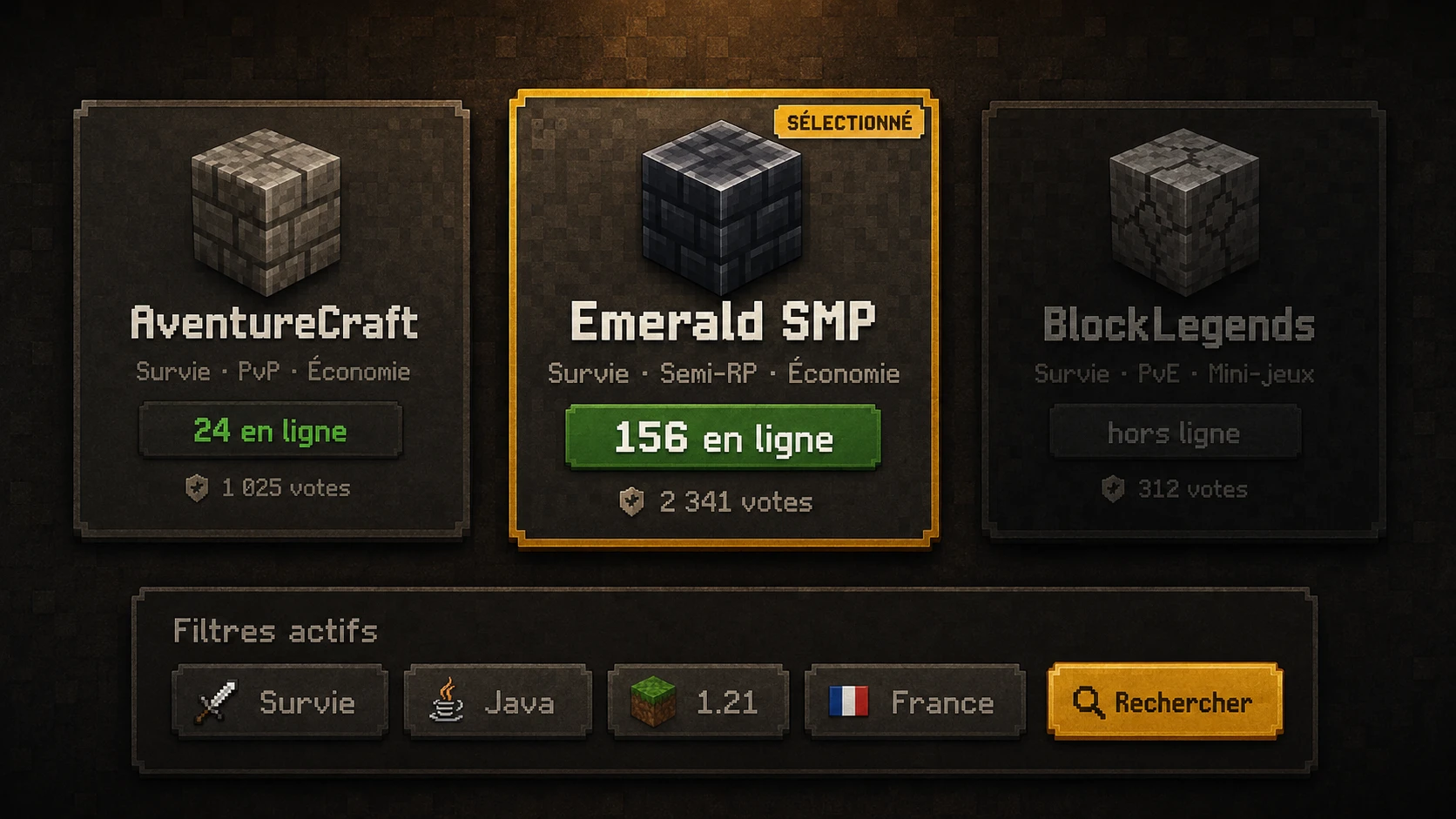 Illustration : joueurs comparant des cartes d'annonces de serveurs Minecraft avec filtres et compteurs de joueurs en direct