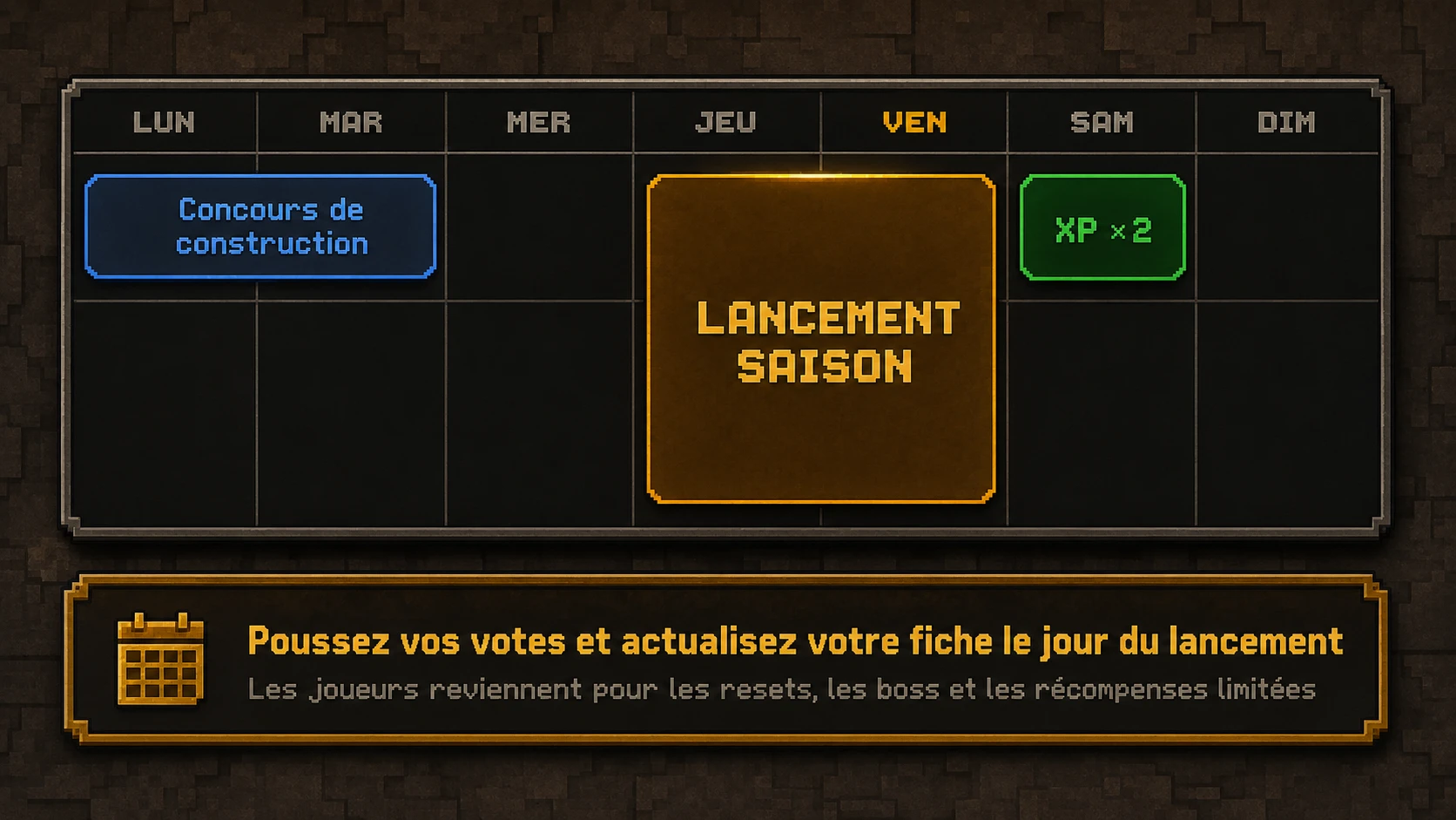 Illustration : calendrier de lancement de saison avec événements, XP double et poussées de votes