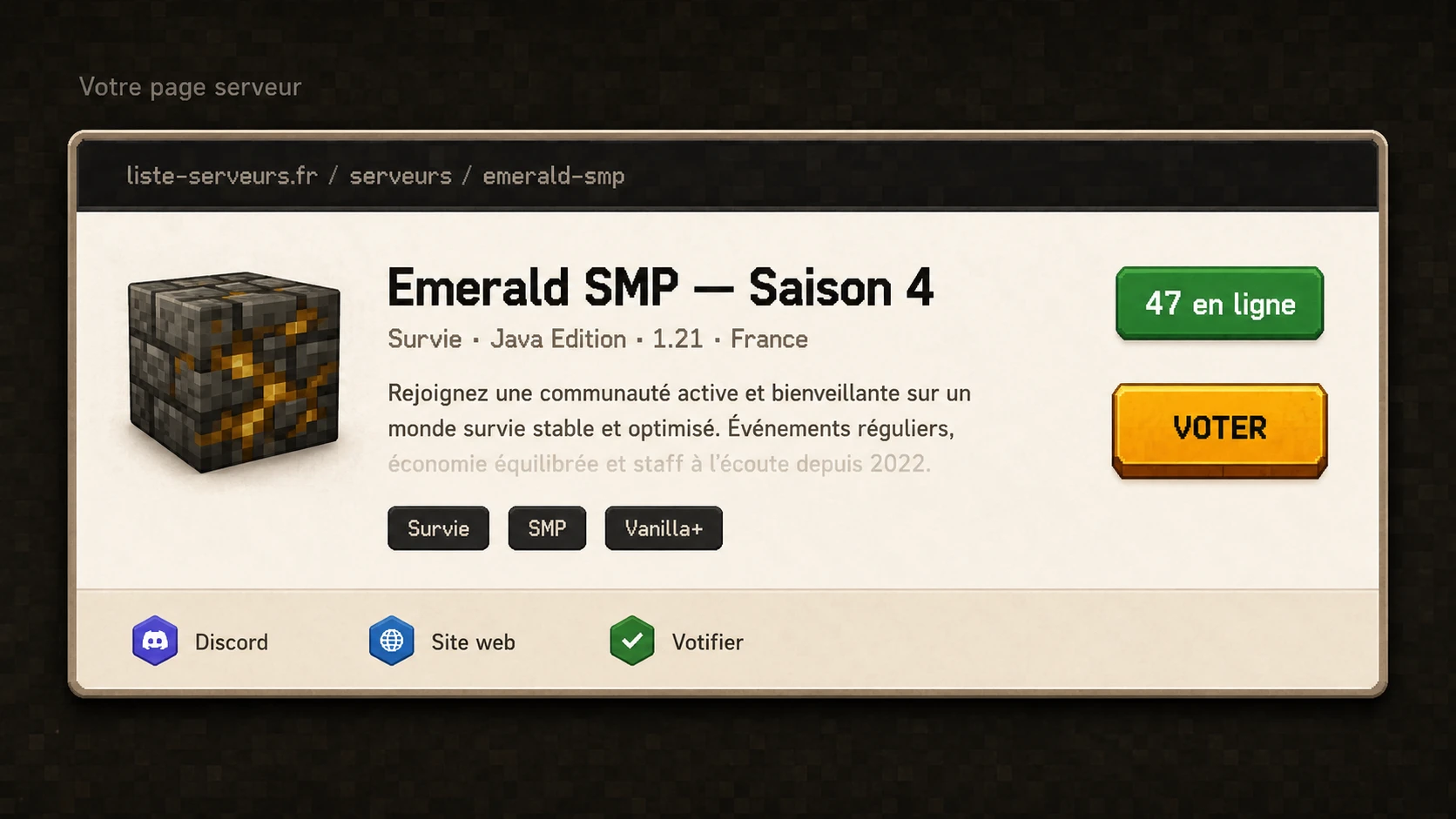 Illustration d'une carte d'annonce de serveur Minecraft avec bannière, compteur de joueurs et bouton de vote